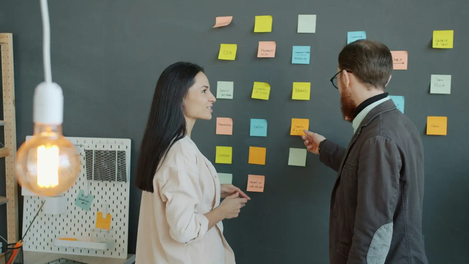 Two colleagues in front of a wall of sticky notes for marketing and sales